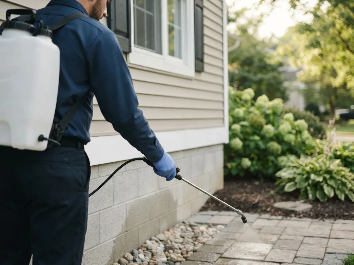Pest control technician inspecting a home in Jeffersonville, VT
